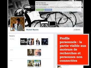 Profils
personnels : la
partie visible aux
moteurs de
recherches et
personnes non
connectées
 