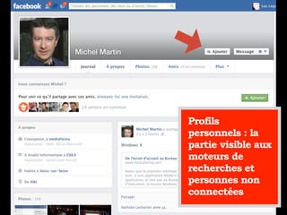 Profils
personnels : la
partie visible aux
moteurs de
recherches et
personnes non
connectées
 
