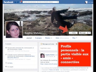 Profils
personnels : la
partie visible aux
« amis »
connectées
 