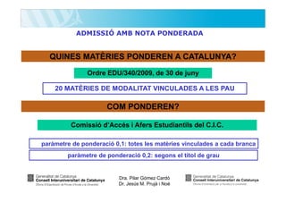ADMISSIÓ AMB NOTA PONDERADA

QUINES MATÈRIES PONDEREN A CATALUNYA?
Ordre EDU/340/2009, de 30 de juny
20 MATÈRIES DE MODALITAT VINCULADES A LES PAU

COM PONDEREN?
Comissió d’Accés i Afers Estudiantils del C.I.C.
paràmetre de ponderació 0,1: totes les matèries vinculades a cada branca
paràmetre de ponderació 0,2: segons el títol de grau

Dra. Pilar Gómez Cardó
Dr. Jesús M. Prujà i Noè

 