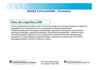 NOVES TITULACIONS - Exemples

Grau de Lingüística (UB)
Formar professionals sensibles i amb una formació sòlida en les diverses facetes que integren el
llenguatge humà. Proporcionar un bon coneixement de llengües específiques.
Sortides professionals: Tecnologies del llenguatge, lingüística computacional, documentació i
descripció de llengües, planificació lingüística, treball editorial especialitzat, tractament de la
diversitat lingüística, lingüística clínica, assessoria en l'àmbit de l'adquisició del llenguatge,
assessoria en l'aprenentatge de segones llengües, assessoria en comunicació oral i escrita,
llenguatge publicitari, traducció, docència i recerca.

Dra. Pilar Gómez Cardó
Dr. Jesús M. Prujà i Noè

 