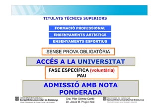 TITULATS TÈCNICS SUPERIORS
FORMACIÓ PROFESSIONAL
ENSENYAMENTS ARTÍSTICS
ENSENYAMENTS ESPORTIUS

SENSE PROVA OBLIGATÒRIA

ACCÉS A LA UNIVERSITAT
FASE ESPECÍFICA (voluntària)
PAU

ADMISSIÓ AMB NOTA
PONDERADA
Dra. Pilar Gómez Cardó
Dr. Jesús M. Prujà i Noè

 