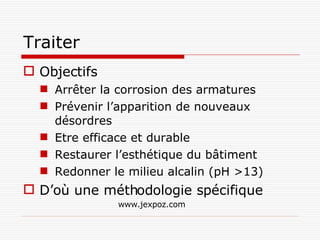 Traiter Objectifs Arrêter la corrosion des armatures Prévenir l’apparition de nouveaux désordres Etre efficace et durable Restaurer l’esthétique du bâtiment Redonner le milieu alcalin (pH >13)  D’où une méthodologie spécifique www.jexpoz.com 