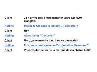 Client   Je n'arrive pas à faire marcher votre CD-ROM  d'anglais. Hotline   Mettez le CD dans le lecteur... il démarre ? Client   Non Hotline   Alors  faites "Démarrer" Client   Non, ça ne marche pas, il ne se passe rien ... Hotline   Euh, sous quel système d'exploitation êtes-vous ? Client   Vous voulez parler de la marque de ma chaîne hi-fi? 