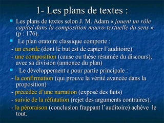 1- Les plans de textes :   Les plans de textes selon J. M. Adam «  jouent un rôle capital dans la composition macro-textuelle du sens  » (p : 176).  Le plan oratoire classique comporte : -  un exorde  (dont le but est de capter l’auditoire) -  une composition  (cause ou thèse résumée du discours), avec sa division (annonce du plan) Le développement a pour partie principale : -  la confirmation  (qui prouve la vérité avancée dans la proposition) -  précédée d’une narration  (exposé des faits) -  suivie de la réfutation  (rejet des arguments contraires). -  la péroraison  (conclusion frappant l’auditoire) achève  le tout. 