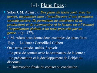 1-1-  Plans fixes  : Selon J. M. Adam : «   Des plans de textes sont, avec les genres, disponibles dans l’interdiscours d’une formation sociodiscursive. Ils permettent de construire (à la production) et de reconstruire (à la lecture ou à l’écoute) l’organisation globale d’un texte prescrite par un genre . » (p : 177).  J. M. Adam nous donne deux exemples de plans fixes : Exp.  La lettre : Corneille à Colbert On a trois grandes unités, à savoir: - La prise de contact avec le destinataire de la lettre ; - La présentation et le développement de l’objet du discours ; - L’interruption finale du contact ou conclusion. 