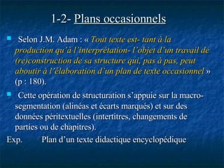 1-2-  Plans occasionnels    Selon J.M. Adam : «  Tout texte est- tant à la production qu’à l’interprétation- l’objet d’un travail de (re)construction de sa structure qui, pas à pas, peut aboutir à l’élaboration d’un plan de texte occasionnel  » (p : 180). Cette opération de structuration s’appuie sur la macro-segmentation (alinéas et écarts marqués) et sur des données péritextuelles (intertitres, changements de parties ou de chapitres). Exp.  Plan d’un texte didactique encyclopédique  
