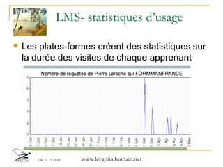 LMS- statistiques d’usage Les plates-formes créent des statistiques sur la durée des visites de chaque apprenant 