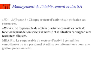 Management de l’établissement et des SA MEA - Référence 8 :  Chaque secteur d’activité suit et évalue ses ressources. MEA.8. a. Le responsable du secteur d’activité connaît les coûts de fonctionnement de son secteur d’activité et sa situation par rapport aux ressources allouées. MEA.8.b. Le responsable du secteur d’activité connaît les compétences de son personnel et utilise ces informations pour une gestion prévisionnelle. 