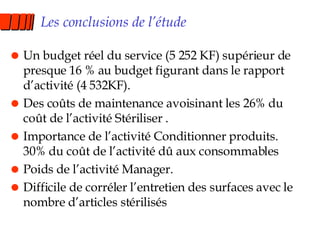 Les conclusions de l’étude Un budget réel du service (5 252 KF) supérieur de presque 16 % au budget figurant dans le rapport d’activité (4 532KF). Des coûts de maintenance avoisinant les 26% du coût de l’activité Stériliser .  Importance de l’activité Conditionner produits. 30% du coût de l’activité dû aux consommables Poids de l’activité Manager. Difficile de corréler l’entretien des surfaces avec le nombre d’articles stérilisés 