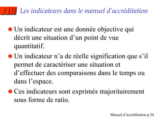 Les indicateurs dans le manuel d’accréditation Un indicateur est une donnée objective qui décrit une situation d’un point de vue quantitatif. Un indicateur n’a de réelle signification que s’il permet de caractériser une situation et d’effectuer des comparaisons dans le temps ou dans l’espace. Ces indicateurs sont exprimés majoritairement sous forme de ratio. Manuel d’accréditation p.34 