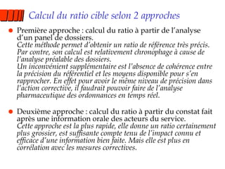 Calcul du ratio cible selon 2 approches Première approche : calcul du ratio à partir de l’analyse d’un panel de dossiers. Cette méthode permet d’obtenir un ratio de référence très précis. Par contre, son calcul est relativement chronophage à cause de l’analyse préalable des dossiers. Un inconvénient supplémentaire est l’absence de cohérence entre la précision du référentiel et les moyens disponible pour s’en rapprocher. En effet pour avoir le même niveau de précision dans l’action corrective, il faudrait pouvoir faire de l’analyse pharmaceutique des ordonnances en temps réel. Deuxième approche : calcul du ratio à partir du constat fait après une information orale des acteurs du service. Cette approche est la plus rapide, elle donne un ratio certainement plus grossier, est suffisante compte tenu de l’impact connu et efficace d’une information bien faite. Mais elle est plus en corrélation avec les mesures correctives. 