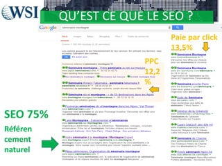 QU’EST CE QUE LE SEO ?
Paie par click
13,5%
PPC
12,2
%

SEO 75%
Référen
cement
naturel

 