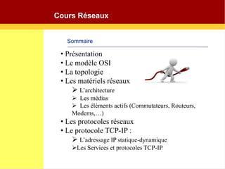 Cours Réseaux
Sommaire
• Présentation
• Le modèle OSI
• La topologie
• Les matériels réseaux
 L’architecture
 Les médias
 Les éléments actifs (Commutateurs, Routeurs,
Modems,…)
• Les protocoles réseaux
• Le protocole TCP-IP :
 L’adressage IP statique-dynamique
Les Services et protocoles TCP-IP
 