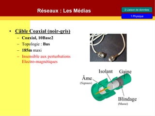 Réseaux : Les Médias
• Câble Coaxial (noir-gris)
– Coaxial, 10Base2
– Topologie : Bus
– 185m maxi
– Insensible aux perturbations
Electro-magnétiques
Âme
(Signaux)
Isolant
Blindage
(Masse)
Gaine
2 Liaison de données
1 Physique
 