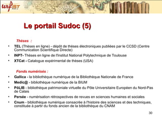 Le portail Sudoc (5) Thèses  : TEL  (Thèses en ligne) - dépôt de thèses électroniques publiées par le CCSD (Centre Communication Scientifique Directe) INPT-  Thèses en ligne de l'Institut National Polytechnique de Toulouse XTCat -  Catalogue expérimental de thèses (USA) Fonds numérisés : Gallica  - la bibliothèque numérique de la Bibliothèque Nationale de France Medic@  - bibliothèque numérique de la BIUM PôLIB  - bibliothèque patrimoniale virtuelle du Pôle Universitaire Européen du Nord-Pas de Calais Persée  - numérisation rétrospectives de revues en sciences humaines et sociales Cnum  - bibliothèque numérique consacrée à l'histoire des sciences et des techniques, constituée à partir du fonds ancien de la bibliothèque du CNAM 