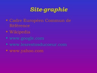 Site-graphie Cadre Européen Commun de Référence Wikipedia www.google.com www.lesrestosducoeur.com www.yahoo.com 