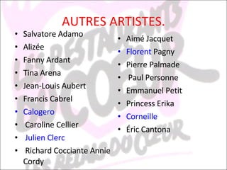 AUTRES ARTISTES. Salvatore Adamo  Alizée  Fanny Ardant  Tina Arena  Jean-Louis Aubert Francis Cabrel  Calogero Caroline Cellier Julien   Clerc Richard Cocciante Annie Cordy Aimé Jacquet  Florent   Pagny   Pierre Palmade  Paul Personne  Emmanuel Petit Princess Erika Corneille Éric Cantona 