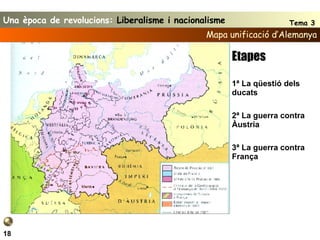 Mapa unificació d’Alemanya 18 Etapes 3ª La guerra contra França 2ª La guerra contra Àustria 1ª La qüestió dels ducats Una època de revolucions:  Liberalisme i nacionalisme Tema 3 