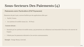 preencoded.png
Sous-Secteurs Des Paiements (4)
Paiements entre Particuliers (P2P Payments)
Paiements de pair à pair, souvent facilités par des applications telles que :
• PayPal, Venmo.
• Les systèmes de mobile money (ex. : M-Pesa).
Contexte africain :
• Dominés par les systèmes de mobile money, qui permettent aux utilisateurs non bancarisés d'envoyer et de recevoir de
l'argent.
• Utilisés pour les paiements informels et les services communautaires.
Exemple : Orange Money, EcoCash.
 