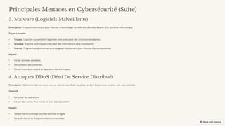 preencoded.png
Principales Menaces en Cybersécurité (Suite)
3. Malware (Logiciels Malveillants)
Description : Programmes conçus pour infecter, endommager ou voler des données à partir d'un système informatique.
Types courants :
• Trojans : Logiciels qui semblent légitimes mais exécutent des actions malveillantes.
• Spyware : Espions numériques collectant des informations sans autorisation.
• Worms : Programmes autonomes se propageant rapidement pour infecter d'autres systèmes.
Impact :
• Vol de données sensibles.
• Perturbation des systèmes.
• Pertes financières dues à la réparation des dommages.
4. Attaques DDoS (Déni De Service Distribué)
Description : Saturation des serveurs avec un volume massif de requêtes, rendant les services ou sites web inaccessibles.
Objectif :
• Perturber les opérations.
• Causer des pertes financières et nuire à la réputation.
Impact :
• Temps d'arrêt prolongé pour les services en ligne.
• Perte de clients et d'opportunités commerciales.
 