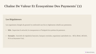 preencoded.png
Les Régulateurs
Les organismes chargés de garantir la conformité aux lois et règlements relatifs aux paiements.
• Rôle : Superviser la sécurité, la transparence et l'intégrité du système de paiement.
• Exemples : Autorités de régulation bancaire, banques centrales, organismes spécialisés (ex. : BCE, BEAC, BCEAO,
FCA au Royaume-Uni).
Chaîne De Valeur Et Écosystème Des Payments' (2)
 