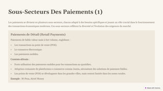 preencoded.png
Sous-Secteurs Des Paiements (1)
Les paiements se divisent en plusieurs sous-secteurs, chacun adapté à des besoins spécifiques et jouant un rôle crucial dans le fonctionnement
des transactions économiques modernes. Ces sous-secteurs reflètent la diversité et l'évolution des exigences du marché.
Paiements de Détail (Retail Payments)
Paiements de faible valeur mais à fort volume, englobant :
• Les transactions au point de vente (POS).
• Le commerce électronique.
• Les paiements mobiles.
Contexte africain :
• Forte utilisation des paiements mobiles pour les transactions au quotidien.
• Adoption croissante de plateformes e-commerce comme Jumia, nécessitant des solutions de paiement fiables.
• Les points de vente (POS) se développent dans les grandes villes, mais restent limités dans les zones rurales.
Exemple : M-Pesa, Airtel Money
 