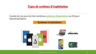 Types de systèmes d’exploitation
Il existe de nos jours de très nombreux systèmes d’exploitation ou OS pour
Operating System.
SYSTÈMES ET TECHNOLOGIES INFORMATIQUES 10
 