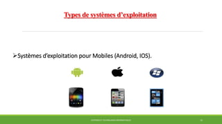 SYSTÈMES ET TECHNOLOGIES INFORMATIQUES 12
Systèmes d’exploitation pour Mobiles (Android, IOS).
Types de systèmes d’exploitation
 