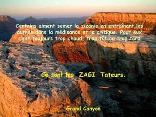 Grand Canyon Certains aiment semer la zizanie en entraînant les autres dans la médisance et la critique. Pour eux c’est toujours trop chaud, trop tôt ou trop tard Ce sont les  ZAGI  Tateurs. 
