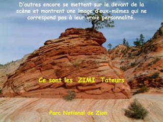 Parc National de Zion D’autres encore se mettent sur le devant de la scène et montrent une image d’eux-mêmes qui ne correspond pas à leur vraie personnalité. Ce sont les  ZIMI  Tateurs 