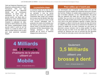 LES TECHNOLOGIES AU FEMININ – Parcours de 5 femmes qui ont su s'imposer dans le domaine des Technologies en Afrique


Yénhi est finalement l'illustration de la
blogueuse professionnelle en Afrique                       La prochaine étape                                        Pour celles qui n'osent pas
francophone.       Parti     d'un     blog
                                                    La prochaine étape est la mise en ligne              Les technologies aussi complexes qu’elles soient n’ont pas été
généraliste, elle est désormais
                                                    d’un site en rapport avec la littérature et          conçues pour que leur mystère soit uniquement percé par le cerveau
sollicité    par     de      nombreuses
                                                    qui permettra à tous les jeunes                      des hommes. D'ailleurs, le mystère existe uniquement quand l’on a
rédactions. Je pense qu'en se
                                                    passionnés de trouver une plate-forme                pas la formation adéquate. Le taux d’alphabétisation des jeunes
spécialisant sur une niche, elle
                                                    d’expression. Mes projets sont multiples             filles est nettement plus faible que celui des hommes. Il faut y
pourrait devenir une figure dans le
                                                    et je ne peux tous les dévoiler. Mais dans           remédier. Nous qui avons eu la chance inestimable d’aller à l’école
blogging (au niveau mondial). Notons
                                                    10 ans, je me vois tout le moins à la tête           devons saisir cette occasion pour montrer que la femme a aussi son
aussi qu'elle n'a pas encore entrepris
                                                    d’une structure spécialisée dans la                  mot à dire et une pierre admirable à apporter à l’édifice. Dans les
d'explorer la publication de vidéo,
                                                    production de contenu écrit (articles pour           technologies ou ailleurs la femme peu importe son âge doit donner
podcast et même d'ebook. Ce sont-là
                                                    site internet, journaux presse et en ligne,          le meilleur d’elle-même et faire de la recherche de l’excellence son
des canaux supplémentaires qu'elle
                                                    scénari, livres). La seconde phase sera la           cheval de bataille afin de servir d’exemple aux plus jeunes et
pourrait mettre à profit de son flot
                                                    production de films (documentaire, long-             démontrer qu'aucun domaine n’est la chasse gardée d’un genre.
naturel. Il y a certes du chemin, mais
                                                    métrage, émissions…). Mon autre                      N’ayez pas peur de rêver et de vous battre pour que vos rêves
elle a le clavier facile et c'est un atout
                                                    ambition est de couvrir le maximum                   prennent vie. Montrons que nous ne sommes pas des figurantes
pour toute personnes souhaitant
                                                    d’étapes de la chaîne du livre.                      dans l’histoire de notre pays, encore moins dans celle des TIC.
bloguer.




                4 Milliards                                                                                                  Seulement
             des 6.8 Milliards                                                                              3,5 Milliards
             d'habitants de la planète
                    utilisent un                                                                                           utilisent une

                        Mobile.                                                                          brosse à dent.
                                                                                                                        [ Source : « 60 Seconds Marketer 2011 ]
                       [ Source : « 60 Seconds Marketer 2011 ]




Jean-Patrick Ehouman                                                              10                                                                          2012   -   Ak e n d e w a
 