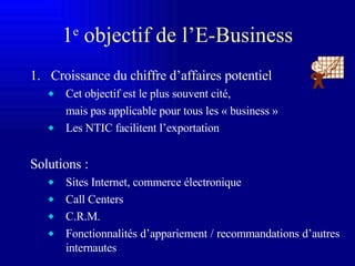 1 e  o bjectif de l’E-Business Croissance du chiffre d’affaires potentiel Cet objectif est le plus souvent cité, mais pas applicable pour tous les « business » Les NTIC facilitent l’exportation Solutions : Sites Internet, commerce électronique Call Centers C.R.M. Fonctionnalités d’appariement / recommandations d’autres internautes 