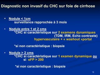 Diagnostic non invasif du CHC sur foie de cirrhose


 • Nodule < 1cm
        surveillance rapprochée à 3 mois

 •   Nodule entre 1 et 2 cms
       *CHC si caractéristique sur 2 examens dynamiques
                                (TDM, IRM, Echo contraste)
                     hypervasculaire + « washout »portal

        *si non caractéristique : biopsie

 •   Nodule > 2 cms
       *CHC si caractéristique sur 1 examen dynamique ou
             si αFP > 200

        *si non caractéristique : biopsie
                                                      16
 