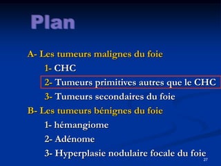 A- Les tumeurs malignes du foie
    1- CHC
    2- Tumeurs primitives autres que le CHC
    3- Tumeurs secondaires du foie
B- Les tumeurs bénignes du foie
    1- hémangiome
    2- Adénome
    3- Hyperplasie nodulaire focale du foie
                                        27
 