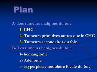 A- Les tumeurs malignes du foie
    1- CHC
    2- Tumeurs primitives autres que le CHC
    3- Tumeurs secondaires du foie
B- Les tumeurs bénignes du foie
    1- hémangiome
    2- Adénome
    3- Hyperplasie nodulaire focale du foie
                                        37
 