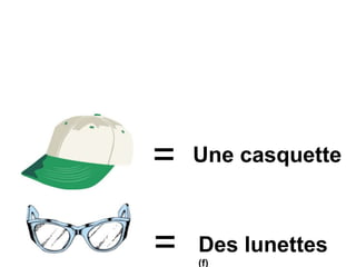 =
= Des lunettes
(f)
Une casquette
 