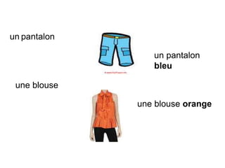 un pantalon
un pantalon
bleu
une blouse
une blouse orange
 