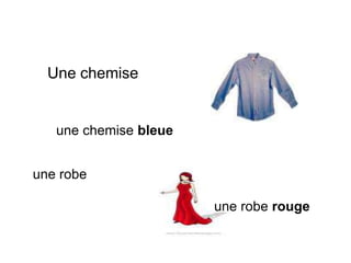 Une chemise
une chemise bleue
une robe
une robe rouge
 