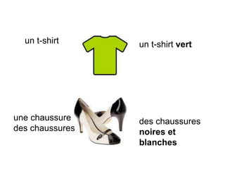un t-shirt un t-shirt vert
une chaussure
des chaussures
des chaussures
noires et
blanches
 