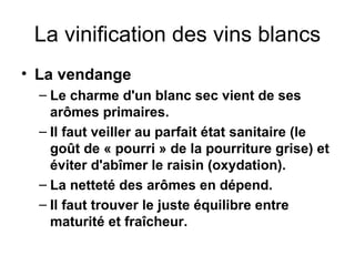 La vinification des vins blancs La vendange Le charme d'un blanc sec vient de ses arômes primaires. Il faut veiller au parfait état sanitaire (le goût de « pourri » de la pourriture grise) et éviter d'abîmer le raisin (oxydation). La netteté des arômes en dépend. Il faut trouver le juste équilibre entre maturité et fraîcheur. 