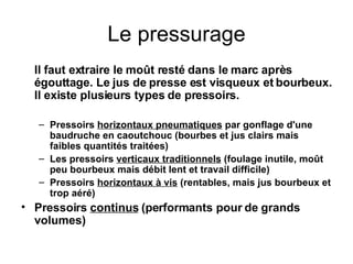 Le pressurage Il faut extraire le moût resté dans le marc après égouttage. Le jus de presse est visqueux et bourbeux. Il existe plusieurs types de pressoirs. Pressoirs  horizontaux pneumatiques  par gonflage d'une baudruche en caoutchouc (bourbes et jus clairs mais faibles quantités traitées) Les pressoirs  verticaux traditionnels  (foulage inutile, moût peu bourbeux mais débit lent et travail difficile) Pressoirs  horizontaux à vis  (rentables, mais jus bourbeux et trop aéré) Pressoirs  continus  (performants pour de grands volumes) 