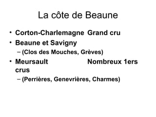 La côte de Beaune Corton-Charlemagne Grand cru Beaune et Savigny (Clos des Mouches, Grèves) Meursault Nombreux 1ers crus (Perrières, Genevrières, Charmes) 