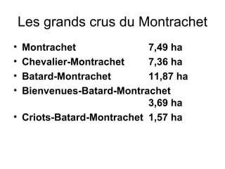 Les grands crus du Montrachet Montrachet 7,49 ha Chevalier-Montrachet 7,36 ha Batard-Montrachet 11,87 ha Bienvenues-Batard-Montrachet 3,69 ha Criots-Batard-Montrachet 1,57 ha   