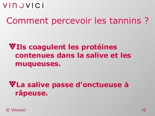 Comment percevoir les tannins ? Ils coagulent les protéines contenues dans la salive et les muqueuses. La salive passe d'onctueuse à râpeuse. 