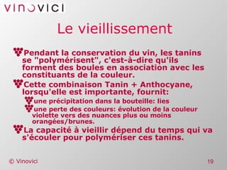 Le vieillissement Pendant la conservation du vin, les tanins se "polymérisent", c'est-à-dire qu'ils forment des boules en association avec les constituants de la couleur. Cette combinaison Tanin + Anthocyane, lorsqu'elle est importante, fournit: une précipitation dans la bouteille: lies une perte des couleurs: évolution de la couleur violette vers des nuances plus ou moins orangées/brunes. La capacité à vieillir dépend du temps qui va s'écouler pour polymériser ces tanins. 