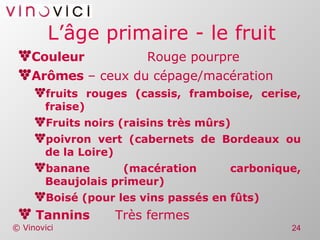 L’âge primaire - le fruit Couleur Rouge pourpre Arômes  – ceux du cépage/macération fruits rouges (cassis, framboise, cerise, fraise) Fruits noirs (raisins très mûrs) poivron vert (cabernets de Bordeaux ou de la Loire) banane (macération carbonique, Beaujolais primeur) Boisé (pour les vins passés en fûts) Tannins  Très fermes 