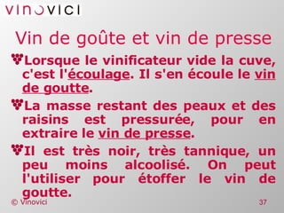 Vin de goûte et vin de presse Lorsque le vinificateur vide la cuve, c'est l' écoulage . Il s'en écoule le  vin de goutte . La masse restant des peaux et des raisins est pressurée, pour en extraire le  vin de presse . Il est très noir, très tannique, un peu moins alcoolisé. On peut l'utiliser pour étoffer le vin de goutte. 