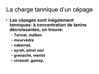 La charge tannique d’un cépage Les cépages sont inégalement tanniques: à concentration de tanins décroissantes, on trouve: Tannat, malbec mourvèdre cabernet, syrah, pinot noir grenache, merlot cinsault, gamay. 