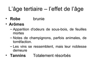 L’âge tertiaire – l’effet de l’âge Robe brunie Arômes Apparition d'odeurs de sous-bois, de feuilles mortes Notes de champignons, parfois animales, de torréfaction. Les vins se ressemblent, mais leur noblesse demeure Tannins Totalement résorbés 